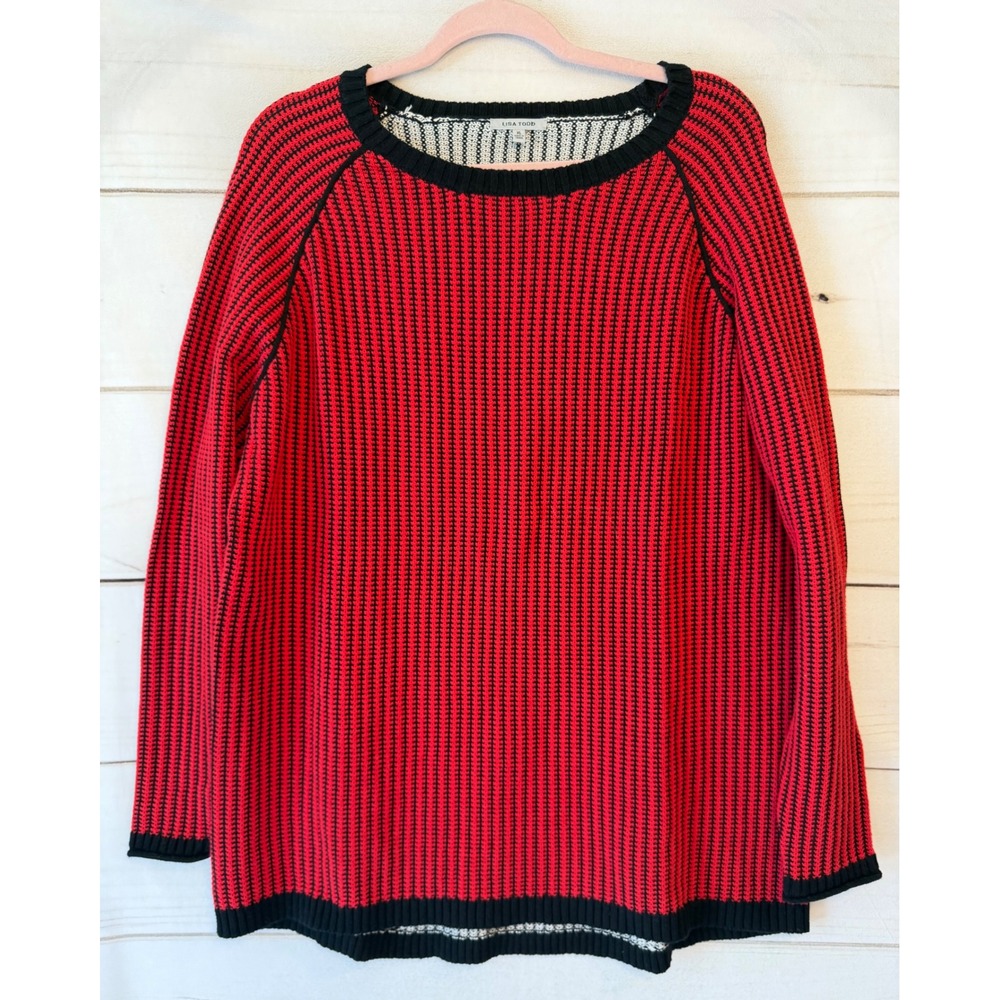 Lisa Todd Red Black Striped Cotton Cashmere Blend Raglan Sweater XL